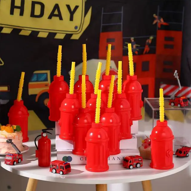 Alt view image 2 of 7 - Sratte 12 Pcs Fire Hydrant Straws Cups with Lids Firefighter Birthday Party Favors Red Plastic Fire Hydrant Supplies Cups Firetruck Fireman Party Decorations