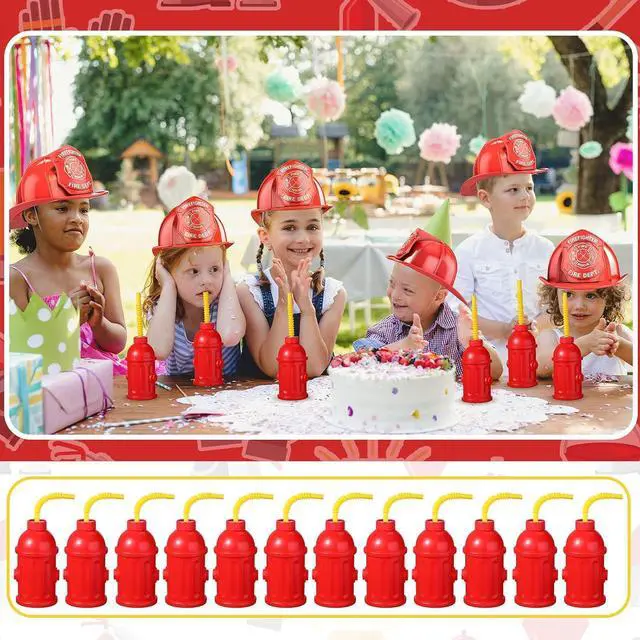 Alt view image 7 of 7 - Sratte 12 Pcs Fire Hydrant Straws Cups with Lids Firefighter Birthday Party Favors Red Plastic Fire Hydrant Supplies Cups Firetruck Fireman Party Decorations