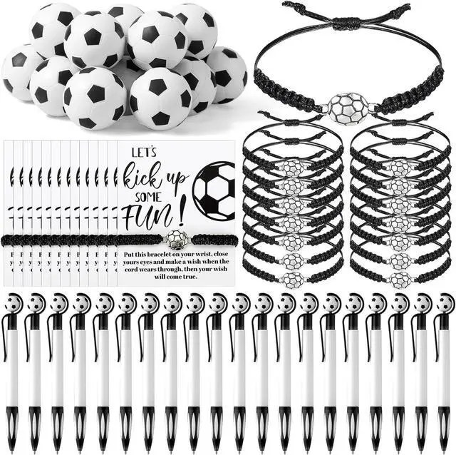 Main image of Equsion 80 Pcs Soccer Team Gifts Set Bracelets Soccer Ball Ballpoint Pens Foam Stress Balls Kick Up Cards Adjustable Bracelets for Sports Reward Birthday Party Supplies