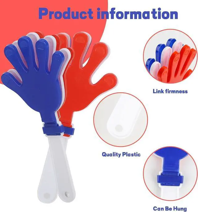 Alt view image 2 of 7 - 100 Pcs Red/White/Blue Hand Clappers 7.5 Inch Noise Makers Plastic Clapping Hands Noisemakers Patriotic Parties, Sporting Event, Concert Supplies Dance Celebrations and Many Other Occasions
