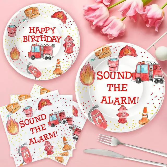 Alt view image 4 of 7 - Fire Truck Birthday Party Supplies - Firetruck Firefighter Birthday Party Decorations Tableware Include 9" Fire Truck Party Plates, 7" Plate, Cups, Napkins, Fireman Party Supplies | Serve 48