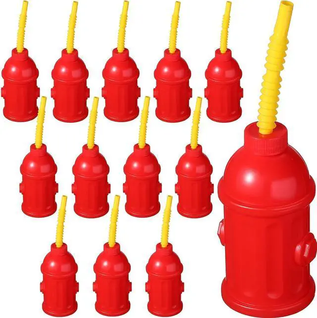 Main image of Sratte 12 Pcs Fire Hydrant Straws Cups with Lids Firefighter Birthday Party Favors Red Plastic Fire Hydrant Supplies Cups Firetruck Fireman Party Decorations