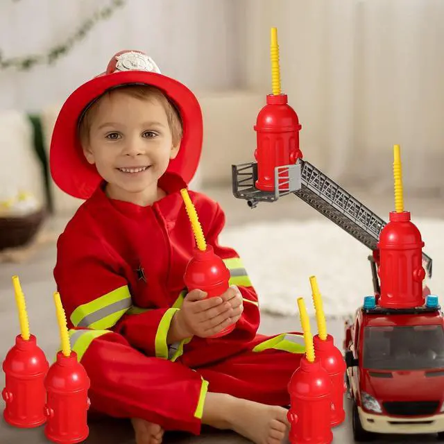 Alt view image 6 of 7 - Sratte 12 Pcs Fire Hydrant Straws Cups with Lids Firefighter Birthday Party Favors Red Plastic Fire Hydrant Supplies Cups Firetruck Fireman Party Decorations