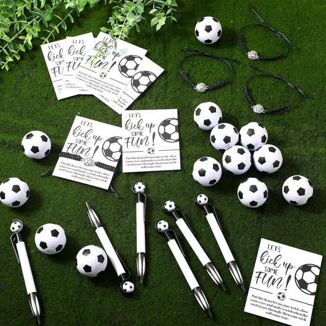 Alt view image 4 of 4 - Equsion 80 Pcs Soccer Team Gifts Set Bracelets Soccer Ball Ballpoint Pens Foam Stress Balls Kick Up Cards Adjustable Bracelets for Sports Reward Birthday Party Supplies