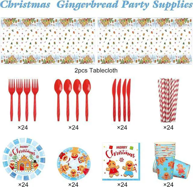 Alt view image 2 of 7 - 194 Pcs Merry Christmas Party Supplies for 24 Guests Gingerbread Christmas Tableware Set Includes Disposable Paper Plates Napkins Cups Straw Plastic Tablecloth Cover Knife Fork Spoon Xmas Decorations