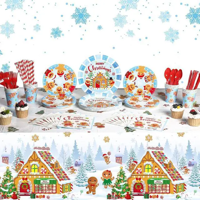 Main image of 194 Pcs Merry Christmas Party Supplies for 24 Guests Gingerbread Christmas Tableware Set Includes Disposable Paper Plates Napkins Cups Straw Plastic Tablecloth Cover Knife Fork Spoon Xmas Decorations