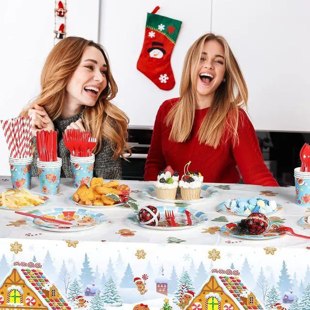 Alt view image 5 of 7 - 194 Pcs Merry Christmas Party Supplies for 24 Guests Gingerbread Christmas Tableware Set Includes Disposable Paper Plates Napkins Cups Straw Plastic Tablecloth Cover Knife Fork Spoon Xmas Decorations