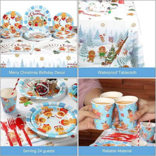 Alt view image 4 of 7 - 194 Pcs Merry Christmas Party Supplies for 24 Guests Gingerbread Christmas Tableware Set Includes Disposable Paper Plates Napkins Cups Straw Plastic Tablecloth Cover Knife Fork Spoon Xmas Decorations