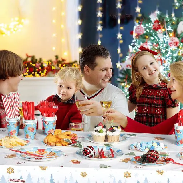 Alt view image 3 of 7 - 194 Pcs Merry Christmas Party Supplies for 24 Guests Gingerbread Christmas Tableware Set Includes Disposable Paper Plates Napkins Cups Straw Plastic Tablecloth Cover Knife Fork Spoon Xmas Decorations