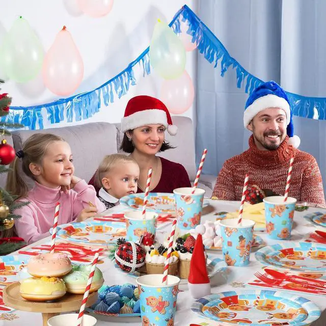 Alt view image 6 of 7 - 194 Pcs Merry Christmas Party Supplies for 24 Guests Gingerbread Christmas Tableware Set Includes Disposable Paper Plates Napkins Cups Straw Plastic Tablecloth Cover Knife Fork Spoon Xmas Decorations