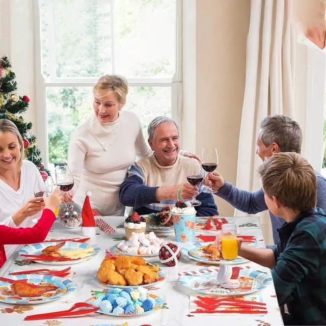 Alt view image 7 of 7 - 194 Pcs Merry Christmas Party Supplies for 24 Guests Gingerbread Christmas Tableware Set Includes Disposable Paper Plates Napkins Cups Straw Plastic Tablecloth Cover Knife Fork Spoon Xmas Decorations