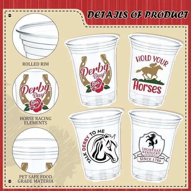 Alt view image 2 of 7 - Havawish 100 Pcs 12 oz Derby Plastic Cups Clear Disposable Tumblers for Mint Julep Lover of Horse Racing Favors Derby Day Beverage Cups Party for Gift Decoration Supply (Vintage)