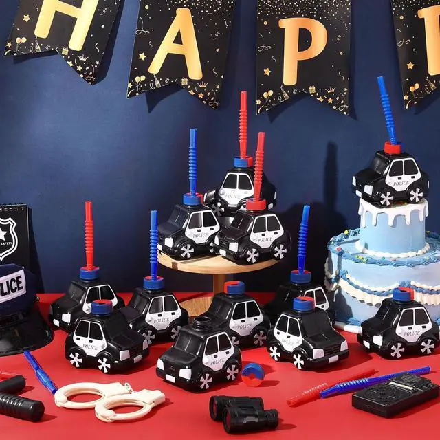 Alt view image 4 of 6 - Tanlade 12 Set Police Car Cups with Straws, Police Birthday Party Decoration for Kids,10oz Plastic Transportation Shape Cup Reusable Traffic Vehicle Birthday Party Favor for Car