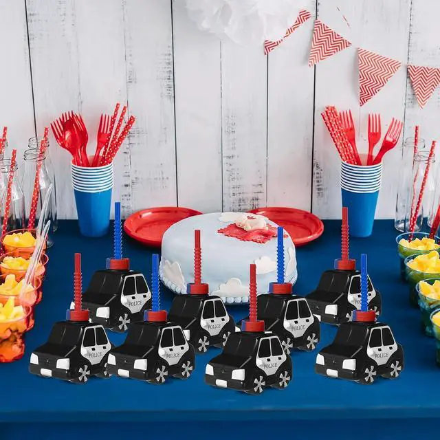 Alt view image 6 of 6 - Tanlade 12 Set Police Car Cups with Straws, Police Birthday Party Decoration for Kids,10oz Plastic Transportation Shape Cup Reusable Traffic Vehicle Birthday Party Favor for Car