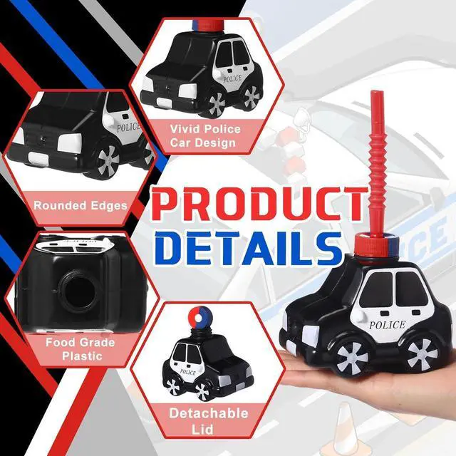 Alt view image 3 of 6 - Tanlade 12 Set Police Car Cups with Straws, Police Birthday Party Decoration for Kids,10oz Plastic Transportation Shape Cup Reusable Traffic Vehicle Birthday Party Favor for Car