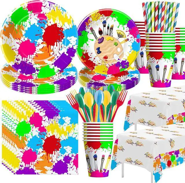 Main image of APOWBLS Art Party Decorations Tableware - Paint Party Supplies, Paper Plate, Cup, Napkin, Tablecloth, Cutlery, Art Painting Graffiti Theme Birthday Baby Shower Party Decorations Dinnerware | Serve 24
