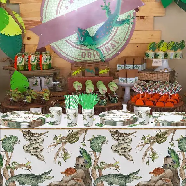 Alt view image 5 of 7 - Reptile Birthday Party Supplies - Reptile Party Decorations, Plate, Cup, Napkin, Tablecloth, Tableware, Jungle Swamp Animal Lizard Snake Turtle Alligator Theme Party Decorations | Serve 24