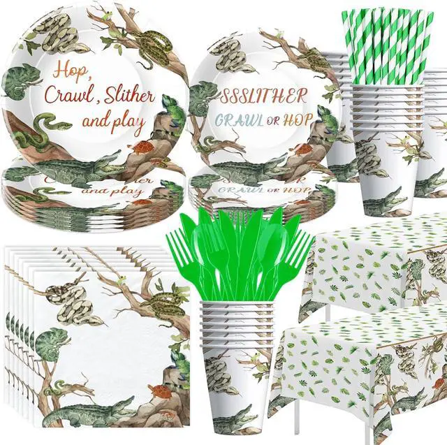 Main image of Reptile Birthday Party Supplies - Reptile Party Decorations, Plate, Cup, Napkin, Tablecloth, Tableware, Jungle Swamp Animal Lizard Snake Turtle Alligator Theme Party Decorations | Serve 24