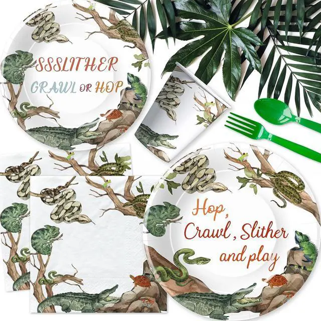 Alt view image 4 of 7 - Reptile Birthday Party Supplies - Reptile Party Decorations, Plate, Cup, Napkin, Tablecloth, Tableware, Jungle Swamp Animal Lizard Snake Turtle Alligator Theme Party Decorations | Serve 24