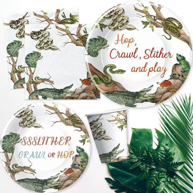 Alt view image 6 of 7 - Reptile Birthday Party Supplies - Reptile Party Decorations, Plate, Cup, Napkin, Tablecloth, Tableware, Jungle Swamp Animal Lizard Snake Turtle Alligator Theme Party Decorations | Serve 24