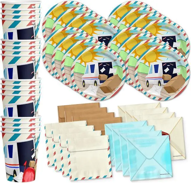 Main image of Mailman Birthday Party Supplies Set Plates Napkins Cups Tableware Kit for 16