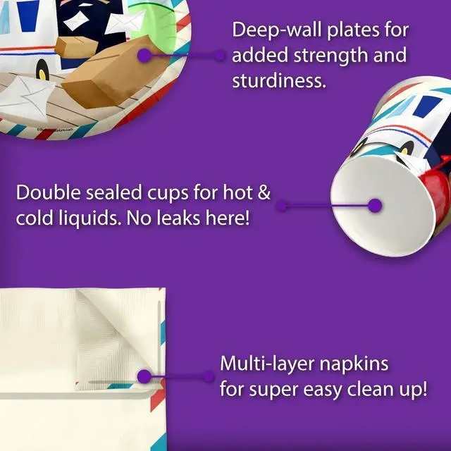 Alt view image 5 of 7 - Mailman Birthday Party Supplies Set Plates Napkins Cups Tableware Kit for 16