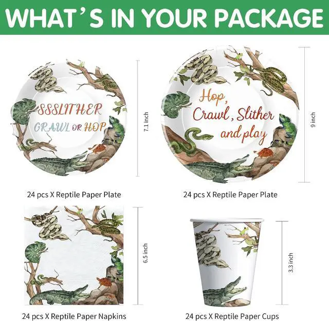 Alt view image 2 of 7 - Reptile Birthday Party Supplies - Reptile Party Decorations, Plate, Cup, Napkin, Tablecloth, Tableware, Jungle Swamp Animal Lizard Snake Turtle Alligator Theme Party Decorations | Serve 24