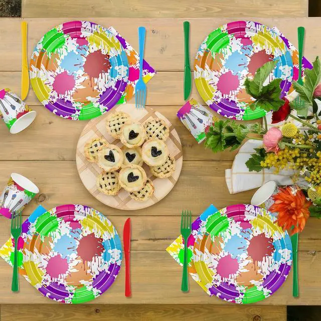 Alt view image 5 of 7 - APOWBLS Art Party Decorations Tableware - Paint Party Supplies, Paper Plate, Cup, Napkin, Tablecloth, Cutlery, Art Painting Graffiti Theme Birthday Baby Shower Party Decorations Dinnerware | Serve 24