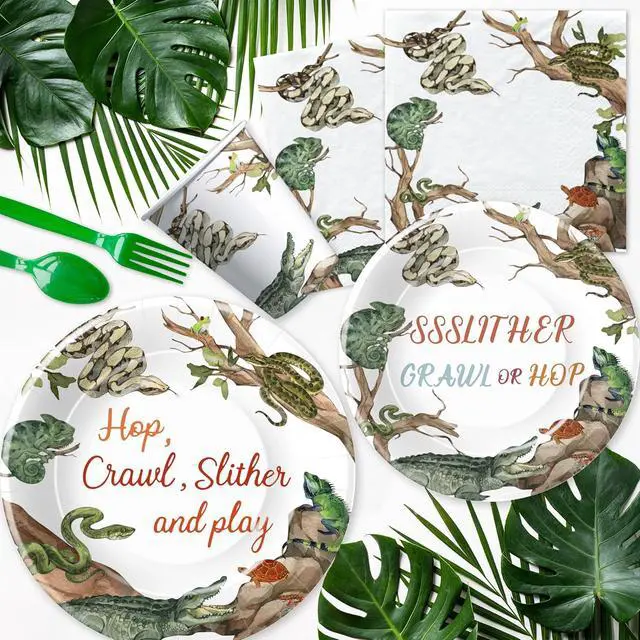 Alt view image 7 of 7 - Reptile Birthday Party Supplies - Reptile Party Decorations, Plate, Cup, Napkin, Tablecloth, Tableware, Jungle Swamp Animal Lizard Snake Turtle Alligator Theme Party Decorations | Serve 24