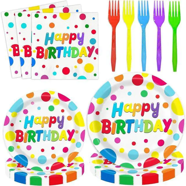 Main image of 100 PCS Happy Birthday Paper Plates Napkins and Forks Set Serve 25, 9 Inches and 7 Inches Colorful Polka Dots Cake Dessert Plates Disposable Dinnerware Tableware Decor for Dinner Bday Party Supplies