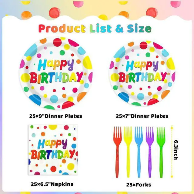 Alt view image 2 of 7 - 100 PCS Happy Birthday Paper Plates Napkins and Forks Set Serve 25, 9 Inches and 7 Inches Colorful Polka Dots Cake Dessert Plates Disposable Dinnerware Tableware Decor for Dinner Bday Party Supplies