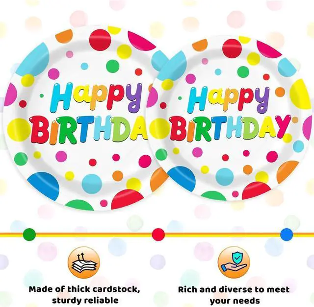 Alt view image 3 of 7 - 100 PCS Happy Birthday Paper Plates Napkins and Forks Set Serve 25, 9 Inches and 7 Inches Colorful Polka Dots Cake Dessert Plates Disposable Dinnerware Tableware Decor for Dinner Bday Party Supplies