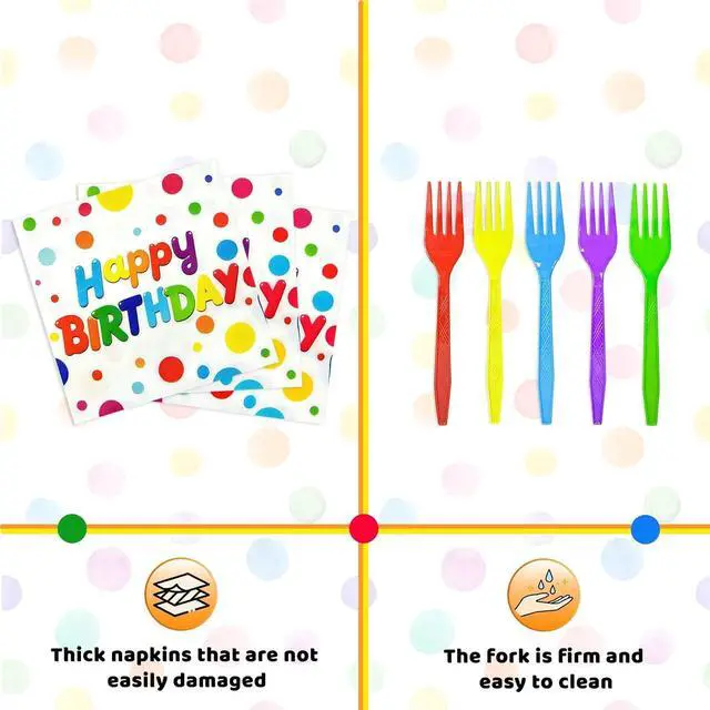 Alt view image 4 of 7 - 100 PCS Happy Birthday Paper Plates Napkins and Forks Set Serve 25, 9 Inches and 7 Inches Colorful Polka Dots Cake Dessert Plates Disposable Dinnerware Tableware Decor for Dinner Bday Party Supplies
