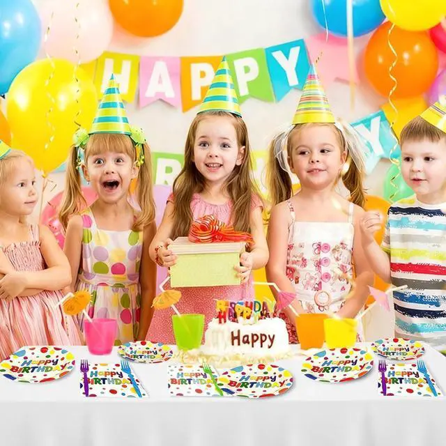 Alt view image 5 of 7 - 100 PCS Happy Birthday Paper Plates Napkins and Forks Set Serve 25, 9 Inches and 7 Inches Colorful Polka Dots Cake Dessert Plates Disposable Dinnerware Tableware Decor for Dinner Bday Party Supplies
