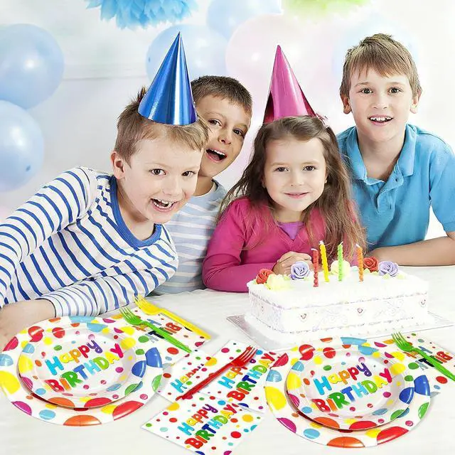 Alt view image 6 of 7 - 100 PCS Happy Birthday Paper Plates Napkins and Forks Set Serve 25, 9 Inches and 7 Inches Colorful Polka Dots Cake Dessert Plates Disposable Dinnerware Tableware Decor for Dinner Bday Party Supplies
