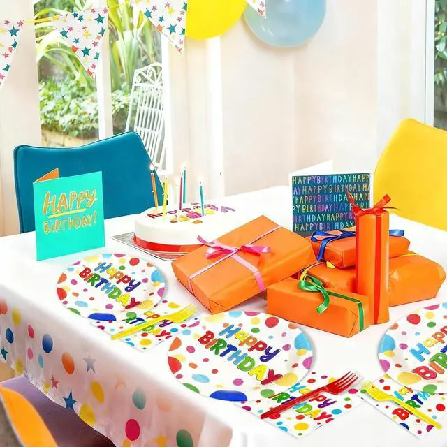 Alt view image 7 of 7 - 100 PCS Happy Birthday Paper Plates Napkins and Forks Set Serve 25, 9 Inches and 7 Inches Colorful Polka Dots Cake Dessert Plates Disposable Dinnerware Tableware Decor for Dinner Bday Party Supplies