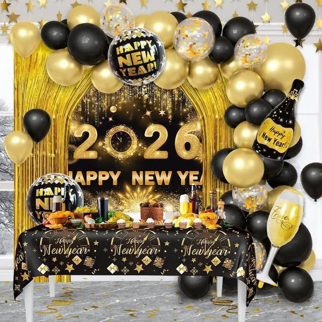 Main image of AIBIIN 78Pcs Black and Gold New Years Decorations 2026 Happy New Year Decorations Kit New Year Banner, New Years Balloon Arch and Gold Foil Fringe Curtain for 2026 Eve Party Supplies