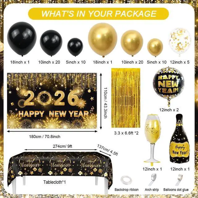 Alt view image 2 of 7 - AIBIIN 78Pcs Black and Gold New Years Decorations 2026 Happy New Year Decorations Kit New Year Banner, New Years Balloon Arch and Gold Foil Fringe Curtain for 2026 Eve Party Supplies