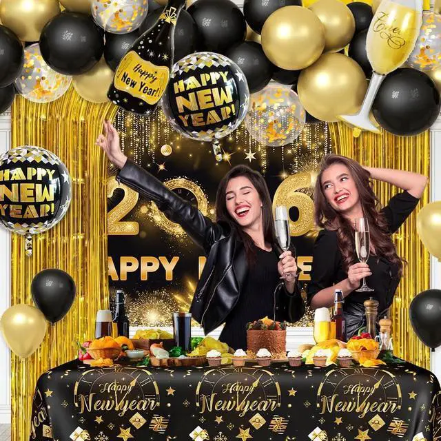 Alt view image 5 of 7 - AIBIIN 78Pcs Black and Gold New Years Decorations 2026 Happy New Year Decorations Kit New Year Banner, New Years Balloon Arch and Gold Foil Fringe Curtain for 2026 Eve Party Supplies