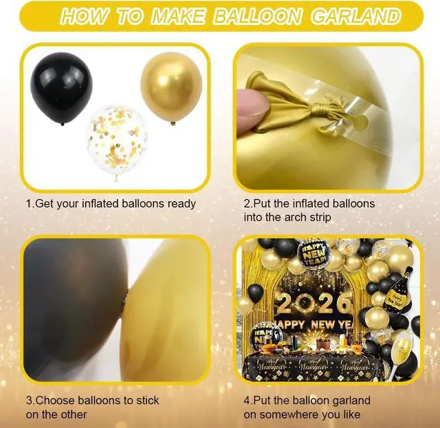 Alt view image 3 of 7 - AIBIIN 78Pcs Black and Gold New Years Decorations 2026 Happy New Year Decorations Kit New Year Banner, New Years Balloon Arch and Gold Foil Fringe Curtain for 2026 Eve Party Supplies