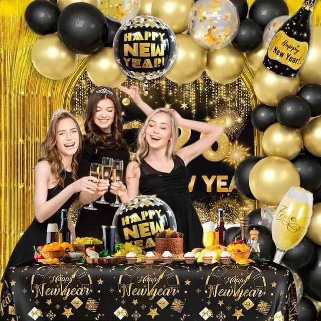 Alt view image 4 of 7 - AIBIIN 78Pcs Black and Gold New Years Decorations 2026 Happy New Year Decorations Kit New Year Banner, New Years Balloon Arch and Gold Foil Fringe Curtain for 2026 Eve Party Supplies