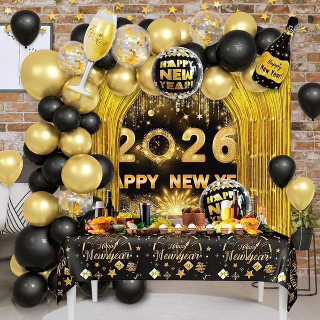 Alt view image 6 of 7 - AIBIIN 78Pcs Black and Gold New Years Decorations 2026 Happy New Year Decorations Kit New Year Banner, New Years Balloon Arch and Gold Foil Fringe Curtain for 2026 Eve Party Supplies
