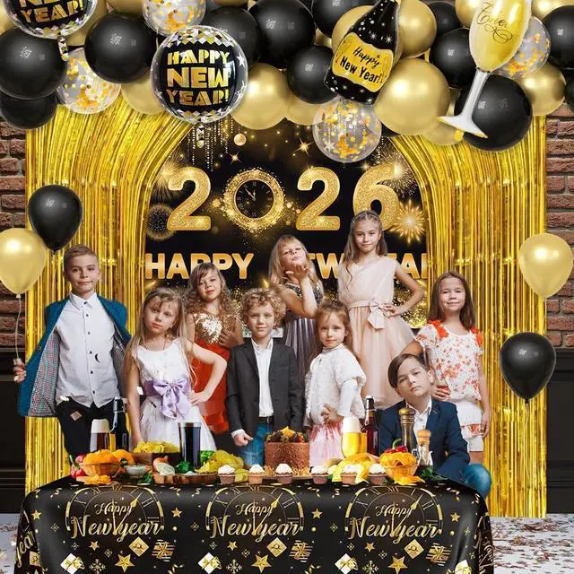 Alt view image 7 of 7 - AIBIIN 78Pcs Black and Gold New Years Decorations 2026 Happy New Year Decorations Kit New Year Banner, New Years Balloon Arch and Gold Foil Fringe Curtain for 2026 Eve Party Supplies