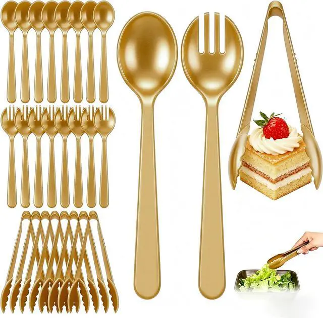 Main image of 24 Pcs Gold Plastic Serving Utensils Set - Heavy Duty Disposable Serving Spoons, Forks & Tongs (8 of Each) - BPA-Free Catering Supplies for Buffets, Parties, Weddings & Events (9 Inch)