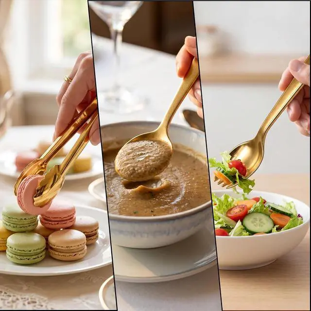 Alt view image 6 of 7 - 24 Pcs Gold Plastic Serving Utensils Set - Heavy Duty Disposable Serving Spoons, Forks & Tongs (8 of Each) - BPA-Free Catering Supplies for Buffets, Parties, Weddings & Events (9 Inch)