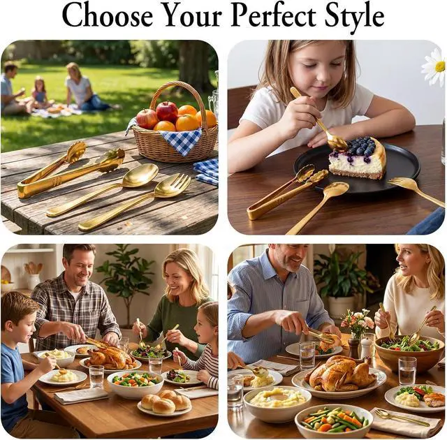 Alt view image 7 of 7 - 24 Pcs Gold Plastic Serving Utensils Set - Heavy Duty Disposable Serving Spoons, Forks & Tongs (8 of Each) - BPA-Free Catering Supplies for Buffets, Parties, Weddings & Events (9 Inch)