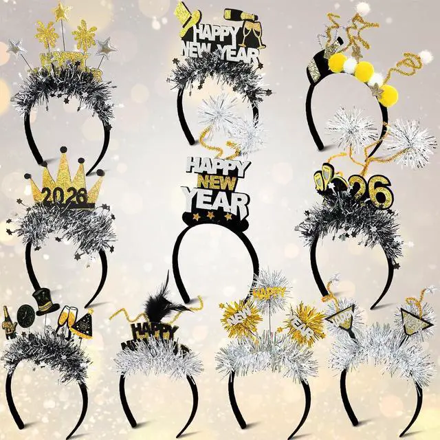 Main image of Mega-L 10Pcs New Year Headbands, 2026 Happy New Year Party Supplies Favors, Gold Black Silver Headwear for Adult Women, Glitter Photo Booth Props Holiday Headwear for Happy Eve Party Celebration 2026