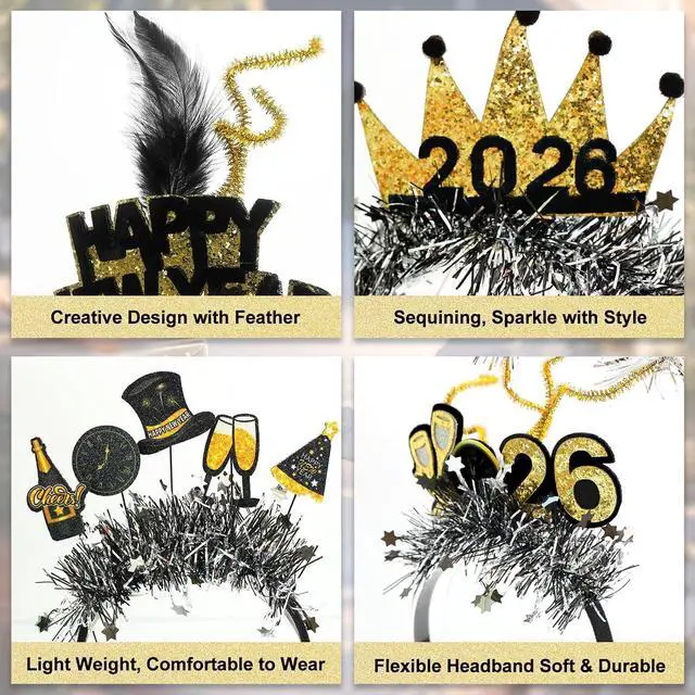 Alt view image 3 of 7 - Mega-L 10Pcs New Year Headbands, 2026 Happy New Year Party Supplies Favors, Gold Black Silver Headwear for Adult Women, Glitter Photo Booth Props Holiday Headwear for Happy Eve Party Celebration 2026