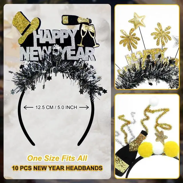 Alt view image 5 of 7 - Mega-L 10Pcs New Year Headbands, 2026 Happy New Year Party Supplies Favors, Gold Black Silver Headwear for Adult Women, Glitter Photo Booth Props Holiday Headwear for Happy Eve Party Celebration 2026