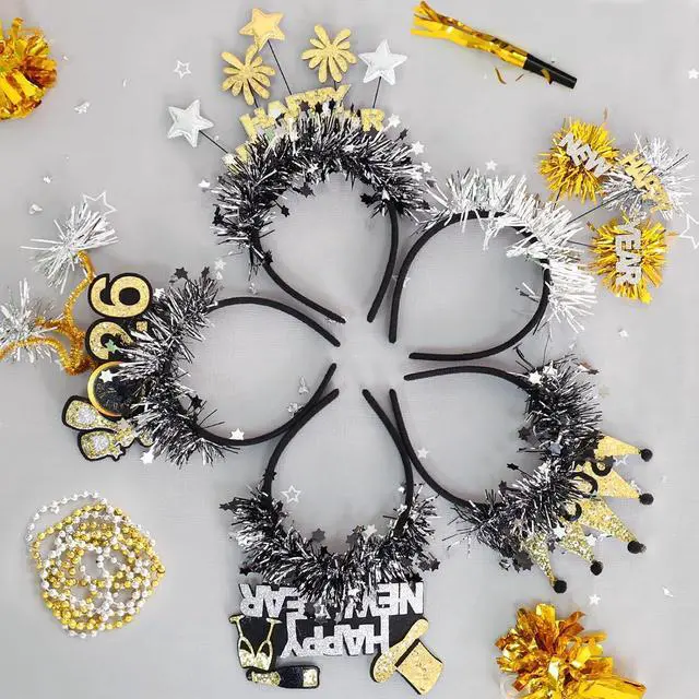 Alt view image 6 of 7 - Mega-L 10Pcs New Year Headbands, 2026 Happy New Year Party Supplies Favors, Gold Black Silver Headwear for Adult Women, Glitter Photo Booth Props Holiday Headwear for Happy Eve Party Celebration 2026